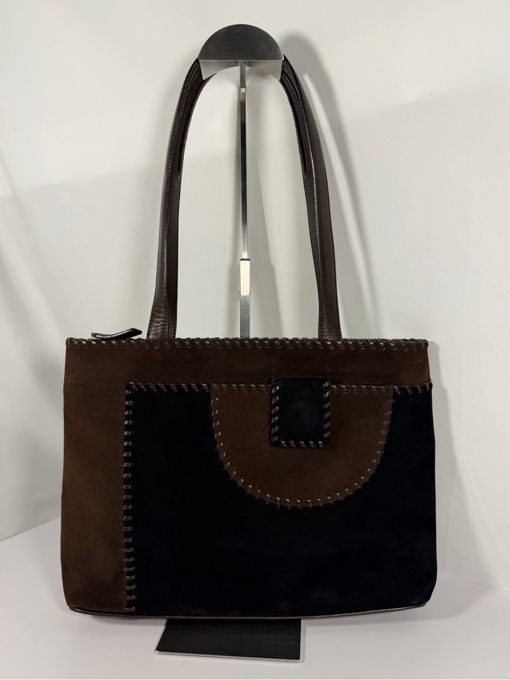 3182: Salvatore Ferragamo Vintage Black Suede Brown Leather Shoulder Tote
: